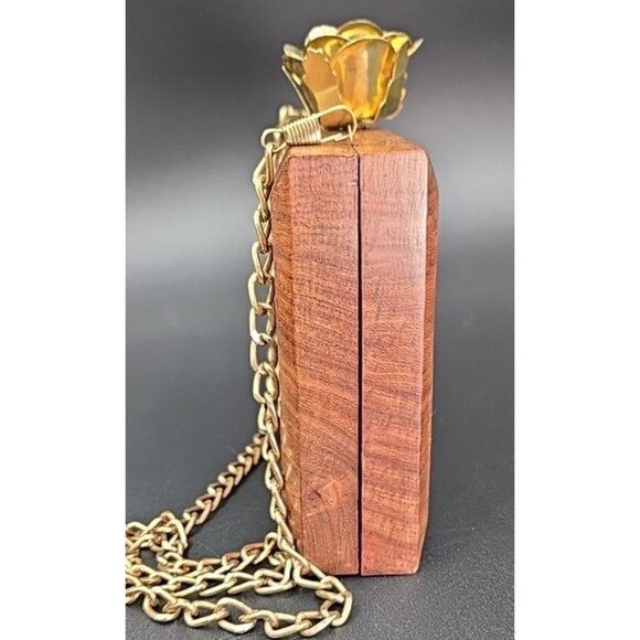 Handcrafted Wooden Clutch Bag Purse Natural Wood Gold Tone Cross Body Floral - Picture 2 of 13
